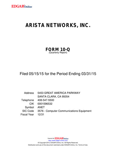 Thumbnail Arista Networks Quarterly Report 2015-q1