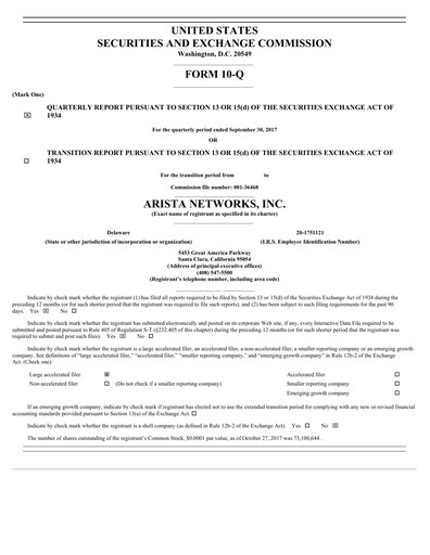 Thumbnail Arista Networks Quarterly Report 2017-q3