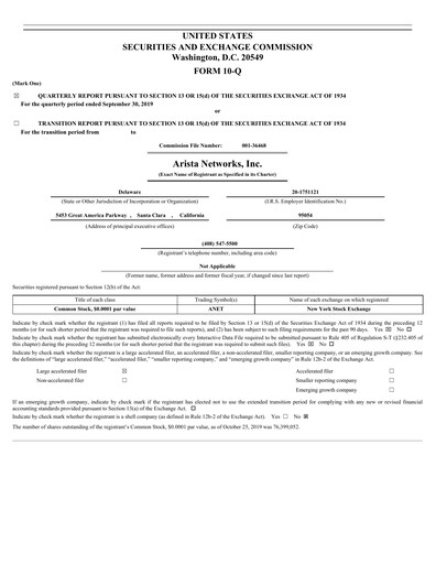 Thumbnail Arista Networks Quarterly Report 2019-q3