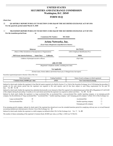 Thumbnail Arista Networks Quarterly Report 2020-q1
