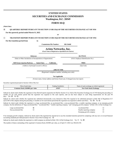 Thumbnail Arista Networks Quarterly Report 2022-q1