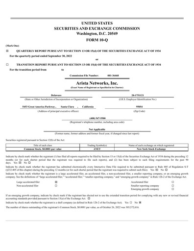 Thumbnail Arista Networks Quarterly Report 2022-q3