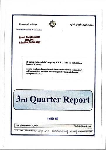 Miniature Shuaiba Industrial Company Bilan financier 2013-9m