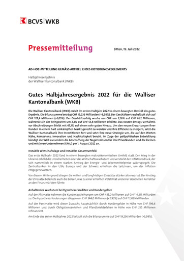 Miniature Walliser Kantonalbank Rapport semestriel 2022-h1