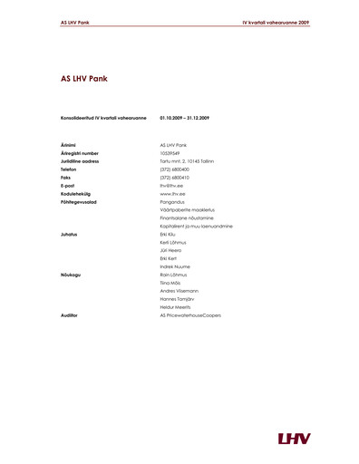 Thumbnail AS LHV Group Quarterly Report 2009-q4