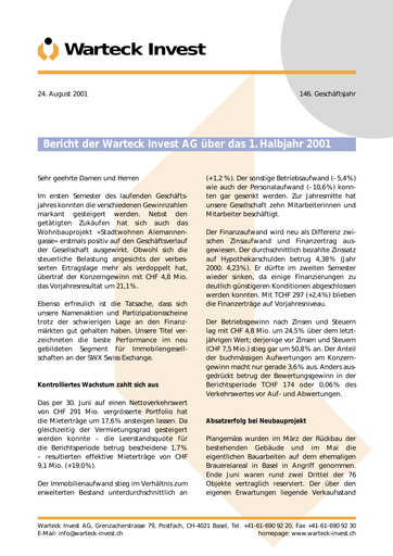 Thumbnail Warteck Invest Half-year Report 2001-h1