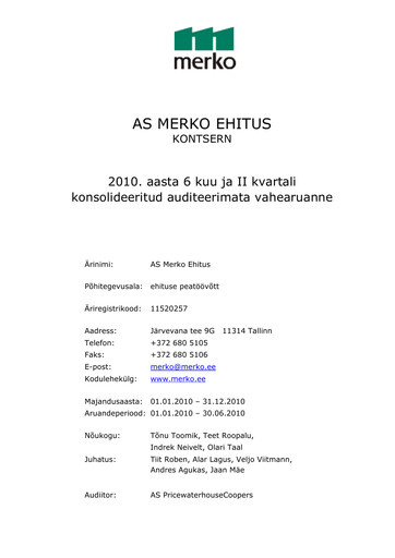 Miniature AS Merko Ehitus Rapport semestriel 2010-h1