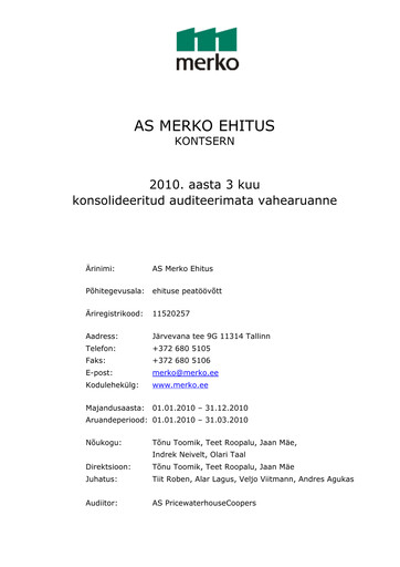 Miniature AS Merko Ehitus Rapport trimestriel 2010-q1