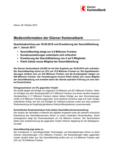 Miniature Glarner Kantonalbank Rapport trimestriel 2016-q3