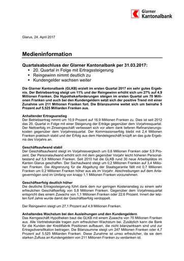 Miniature Glarner Kantonalbank Rapport trimestriel 2017-q1