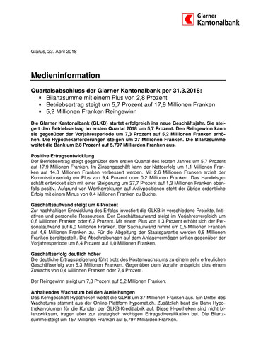 Miniature Glarner Kantonalbank Rapport trimestriel 2018-q1