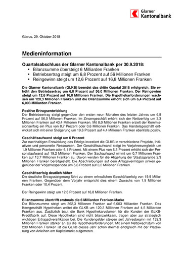 Miniature Glarner Kantonalbank Rapport trimestriel 2018-q3