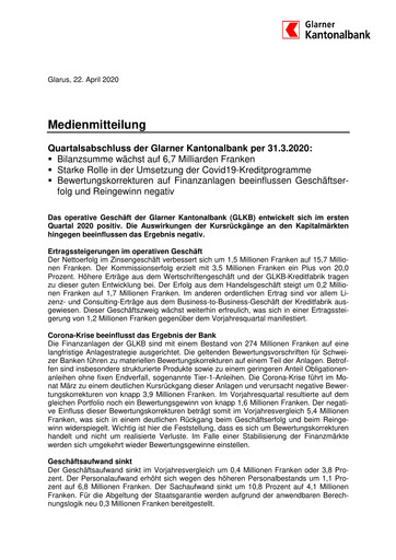 Miniature Glarner Kantonalbank Rapport trimestriel 2020-q1