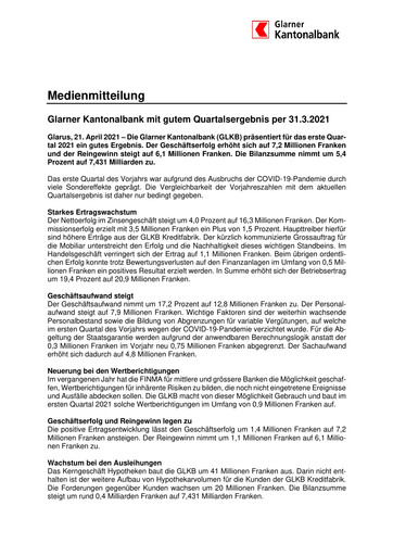 Miniature Glarner Kantonalbank Rapport trimestriel 2021-q1