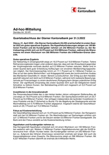 Miniature Glarner Kantonalbank Rapport trimestriel 2022-q1