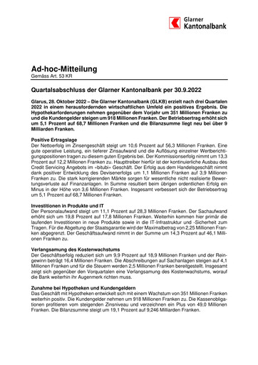Miniature Glarner Kantonalbank Rapport trimestriel 2022-q3