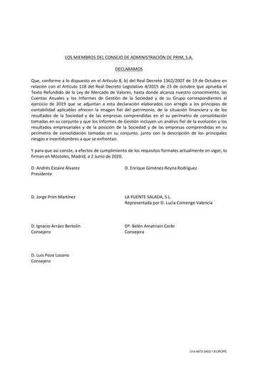 Thumbnail Prim, S.A. Financial Report 2019