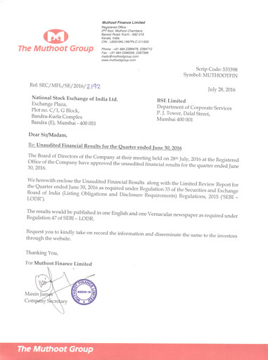 Thumbnail Muthoot Finance
 Quarterly Report 2016-q1
