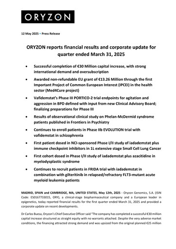 Thumbnail Oryzon Genomics Quarterly Report 2025-q1