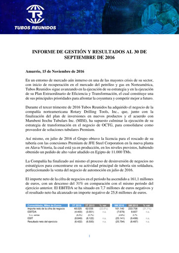 Thumbnail Tubos Reunidos Quarterly Report 2016-q3