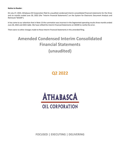 Thumbnail Athabasca Oil Corporation Financial Statement 2022-q2