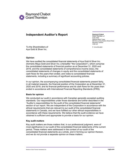 Vorschaubild Aya Gold & Silver Finanzmitteilung 2020