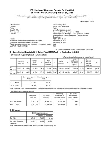 Miniature JFE Holdings Rapport semestriel 2025-h1