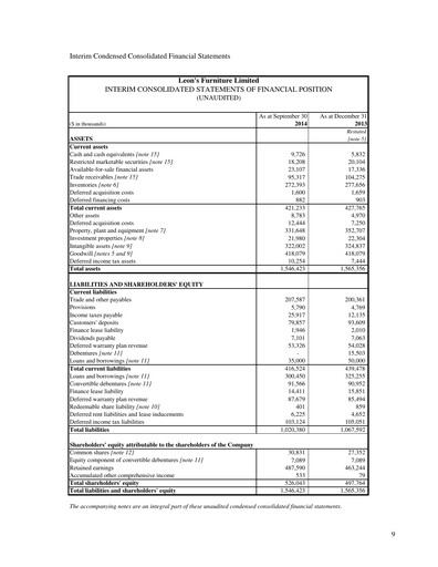 Thumbnail Leon's Furniture Quarterly Report 2014-q3
