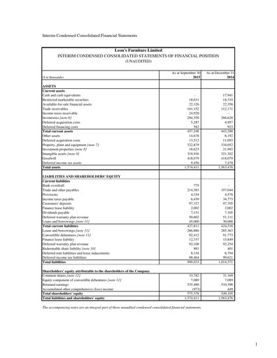 Thumbnail Leon's Furniture Quarterly Report 2015-q3