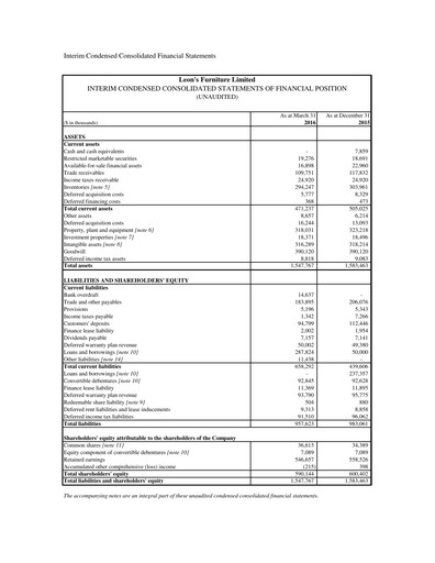 Thumbnail Leon's Furniture Quarterly Report 2016-q1