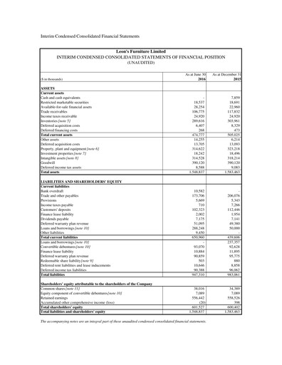 Thumbnail Leon's Furniture Quarterly Report 2016-q2