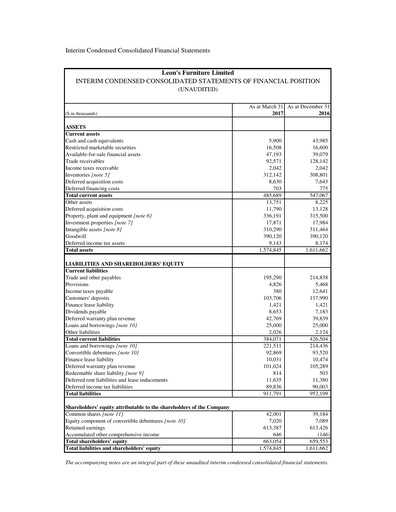Thumbnail Leon's Furniture Quarterly Report 2017-q1