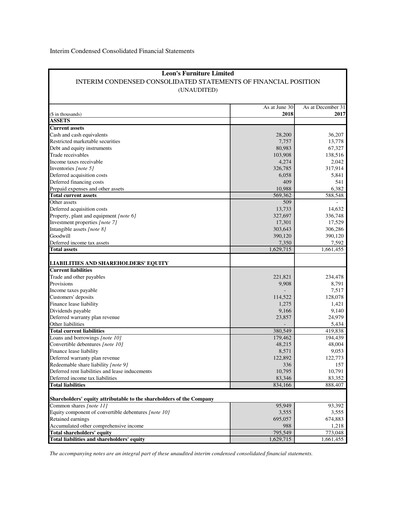 Thumbnail Leon's Furniture Quarterly Report 2018-q2