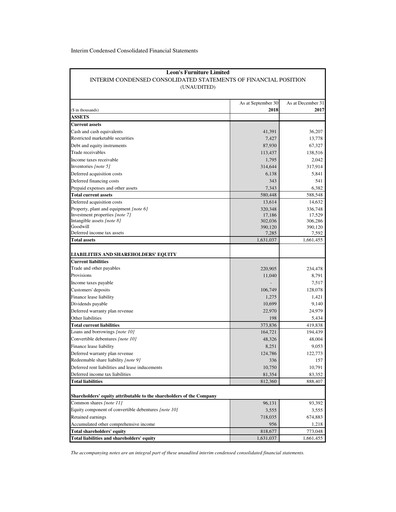 Thumbnail Leon's Furniture Quarterly Report 2018-q3