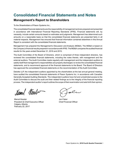 Thumbnail Pason Systems Financial Statement 2016