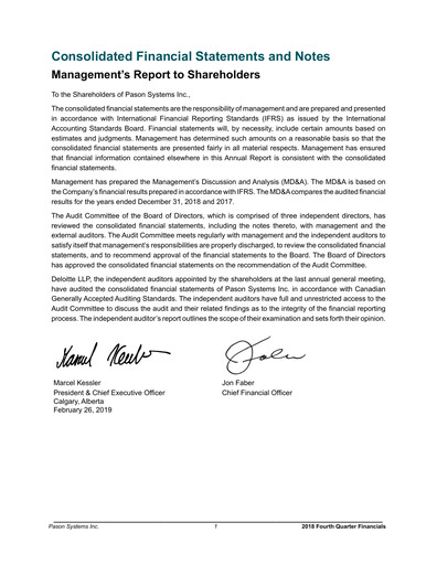 Thumbnail Pason Systems Financial Statement 2018