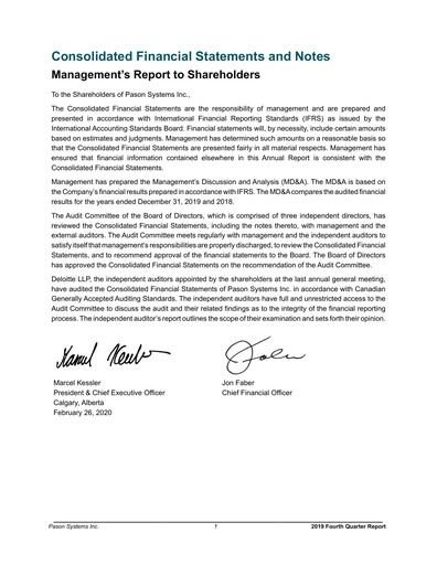 Thumbnail Pason Systems Financial Statement 2019