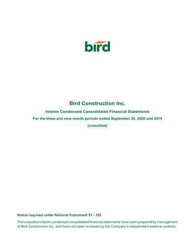 Thumbnail Bird Construction Financial Statement 2020-q3