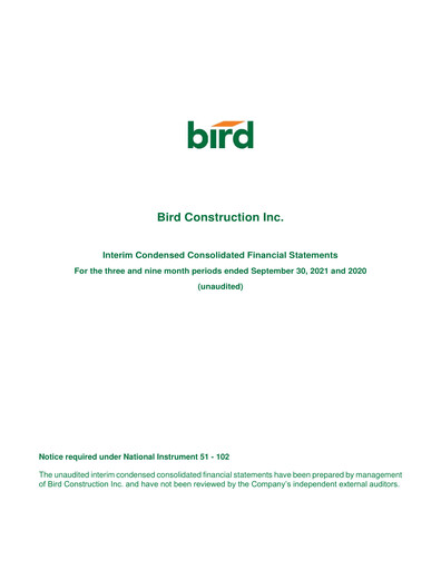 Thumbnail Bird Construction Financial Statement 2021-q3