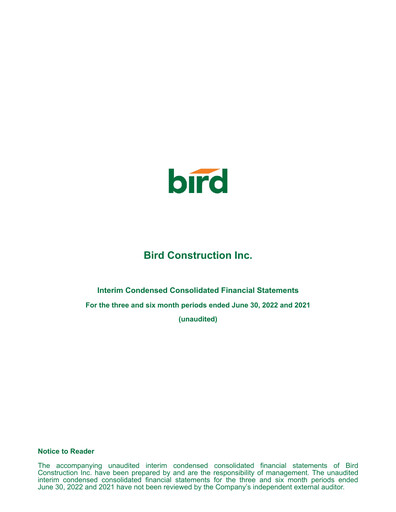 Thumbnail Bird Construction Financial Statement 2022-q2