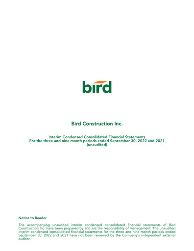 Thumbnail Bird Construction Financial Statement 2022-q3