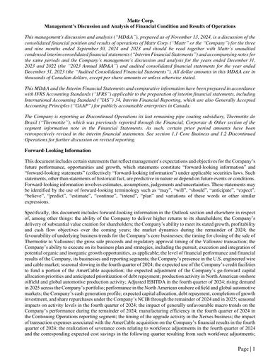 Miniature Mattr Corp. Rapport trimestriel 2024-q3