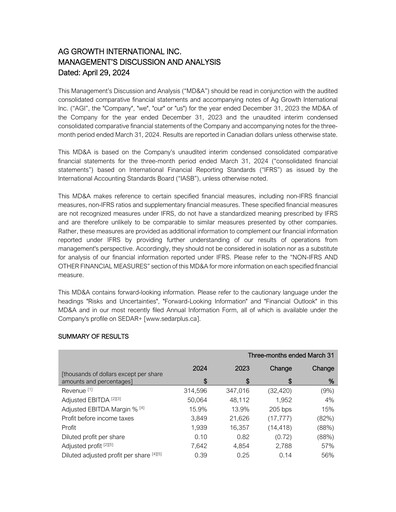 Miniature Ag Growth International Rapport trimestriel 2024-q1