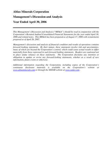 Thumbnail Altius Minerals Financial Report 2006