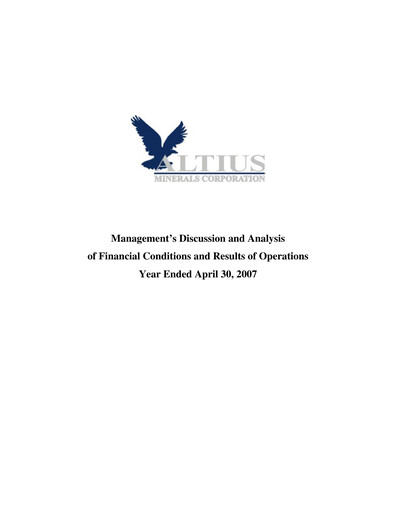 Thumbnail Altius Minerals Financial Report 2007