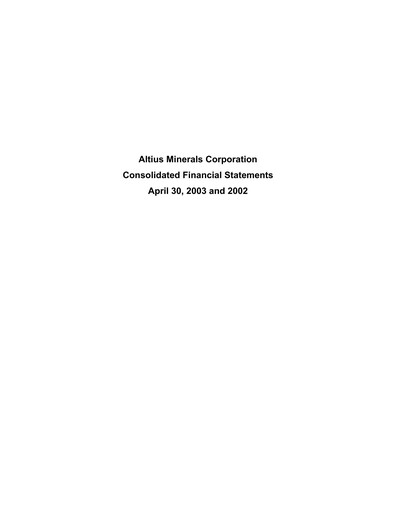 Thumbnail Altius Minerals Financial Statement fy2003