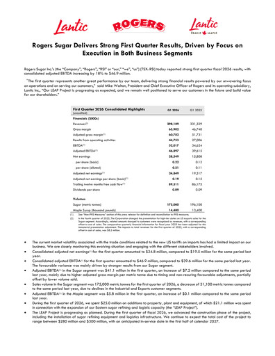 Vorschaubild Rogers Sugar (Lantic) Quartalsbericht 2026-q1