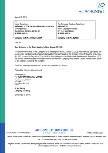 Thumbnail Aurobindo Pharma
 Quarterly Report 2023-q1