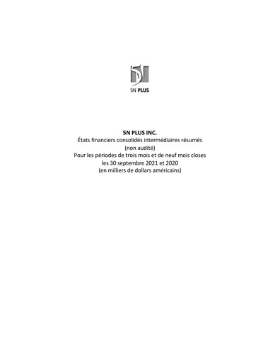 Miniature 5N Plus Bilan financier 2021-q3
