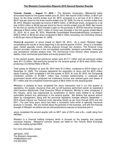 Thumbnail The Westaim Corporation Quarterly Report 2010-q2